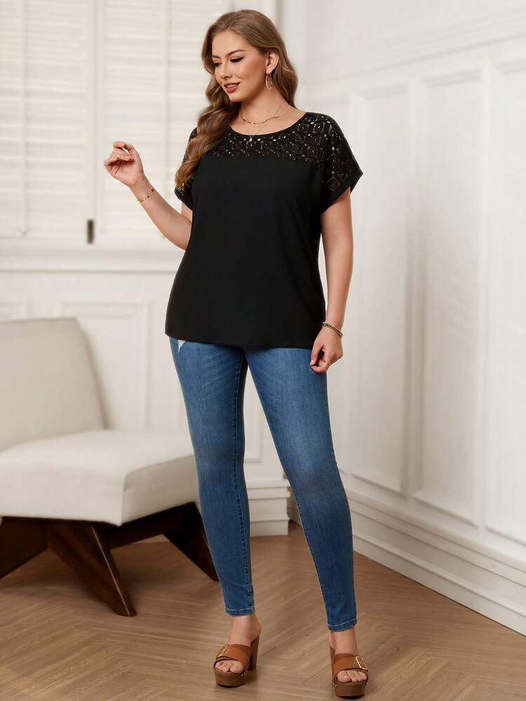 Plus Guipure Lace Yoke Cuffed Sleeve Top