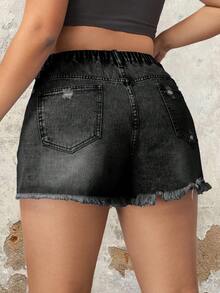 SHEIN ICON Plus Size Women Distressed Frayed Hem Washed Denim Shorts - Dark Grey - View 2