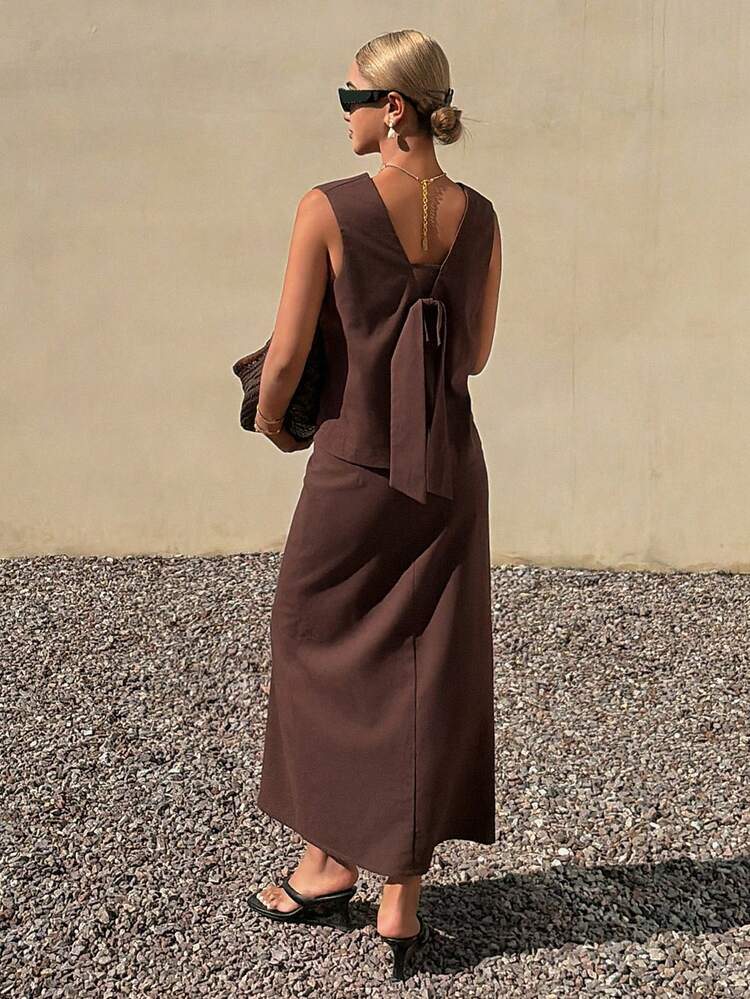 Women's Casual Solid Color V-Neck Bow Sleeveless Top And Skirt 2-Piece Set, Spring/Summer