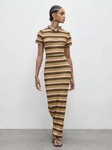 Maija Women's Striped Pattern Fitted Casual Short Sleeve Midi Dress - Multicolor - View 3