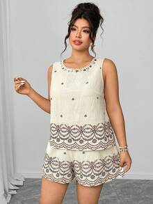 Breezaya Plus Size Brown Boho Summer Vacation Holiday Two-Tone Round Neck Sleeveless Shirt Elastic Waist 3/4 Shorts Set Party Gym - Apricot - View 4