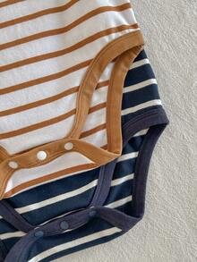 Loomiva 2pcs Baby Boy Cartoon Bear Print Striped Round Neck Short Sleeve Romper Set - Multicolor - View 6