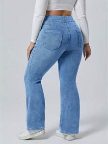 Flexra Plus Size Casual Washed High Waist Flare Jeans - Blue - View 2