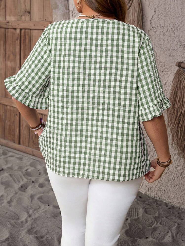 Plus Size Casual Plaid Ruffle Sleeve Shirt
