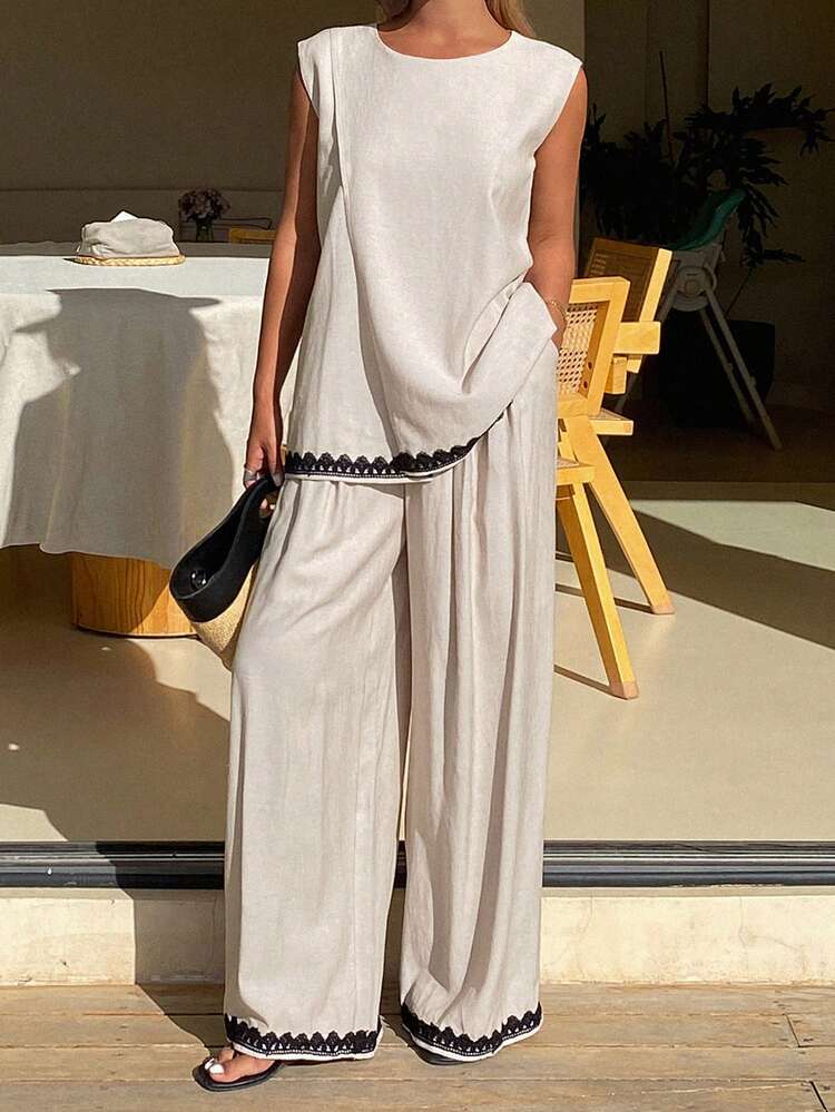 Women's Round Neck Sleeveless Contrast Color Lace Patchwork Vest And Loose Wide-Leg Pants Elegant Urban Casual 2-Piece Set Summer