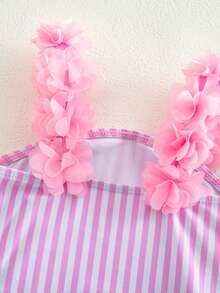 1-Piece Cute Baby Girl Knitted Striped Bow Pattern 3D Flower One-Piece Swimsuit - Pink - View 3