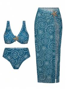 Swim Oasis Plus Size Retro Decorative Button Summer Beach Bikini Set - Blue - View 5