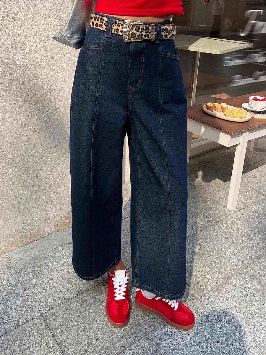 DAZY 女士高腰口袋阔腿宽松休闲百搭牛仔裤 - 藍色 - 查看 1