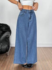 SHEIN Tall Summer TALL Women's Casual Elegant High Waisted Wide Leg Denim Pants For Women Frayed Hem Baggy Casual Jeans Pocket Button Casual Versatile Daily Wear Wide Leg Jeans - Medium Wash - View 4