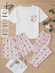 SHEIN طقم استرخاء مكون من 3 قطع بتصميم جميل مع جيوب - وردي - مشاهدة 1
