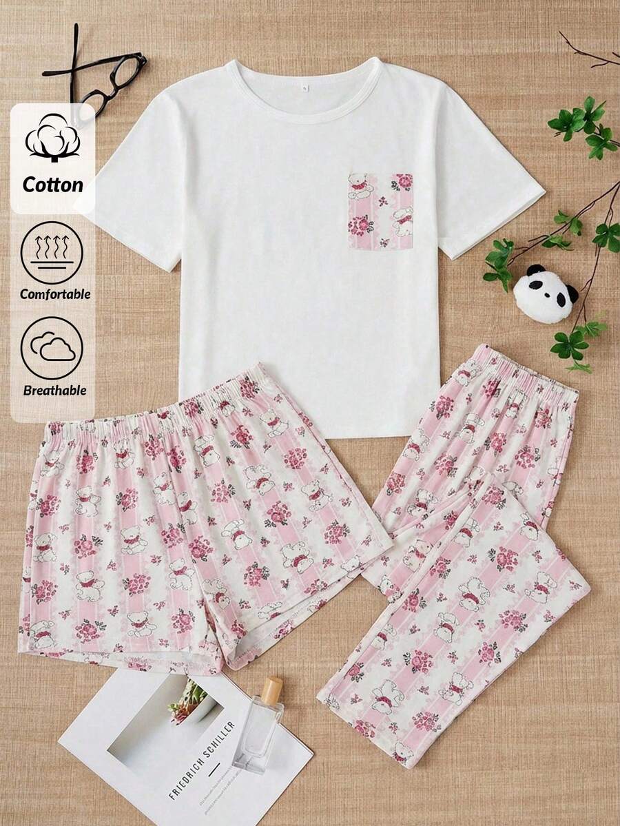 SHEIN طقم استرخاء مكون من 3 قطع بتصميم جميل مع جيوب - وردي - مشاهدة 1