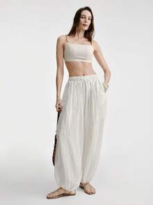 Aveloria Modichic Casual Linen-Like Elastic Waist Drawstring Ruched Wide Leg Pants, Versatile For Vacation & Daily Wear - White - View 4