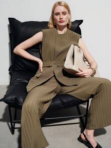 Aveloria Modichic Minimalist Commuter Versatile Elegant Women's Striped Crew Neck Sleeveless Vest With Belt Matching Wide Leg Suit Pants, Women's Suit Set - Coffee Brown - View 3