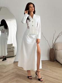 EURMUSE Women, Spring, Summer, V Neck, Blazer, Collar, Regular Fit, White, Skirt - White - View 3