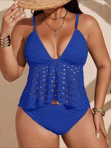 Swim Lushoire Bộ đồ bơi tankini khoét lỗ màu trơn dành cho nữ cỡ lớn - Màu xanh lam - Xem 3