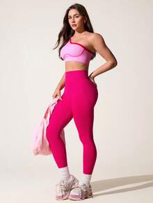 SHEIN Sports 玫瑰红色无缝高腰运动紧身裤 - 玫紅色 - 查看 3