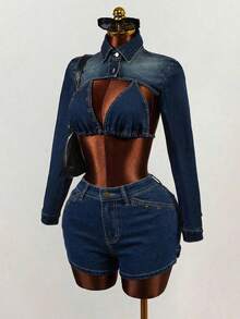 Mistrie Women's Casual Fashion Versatile Denim Shorts With Eyelet Design - Blue - View 5