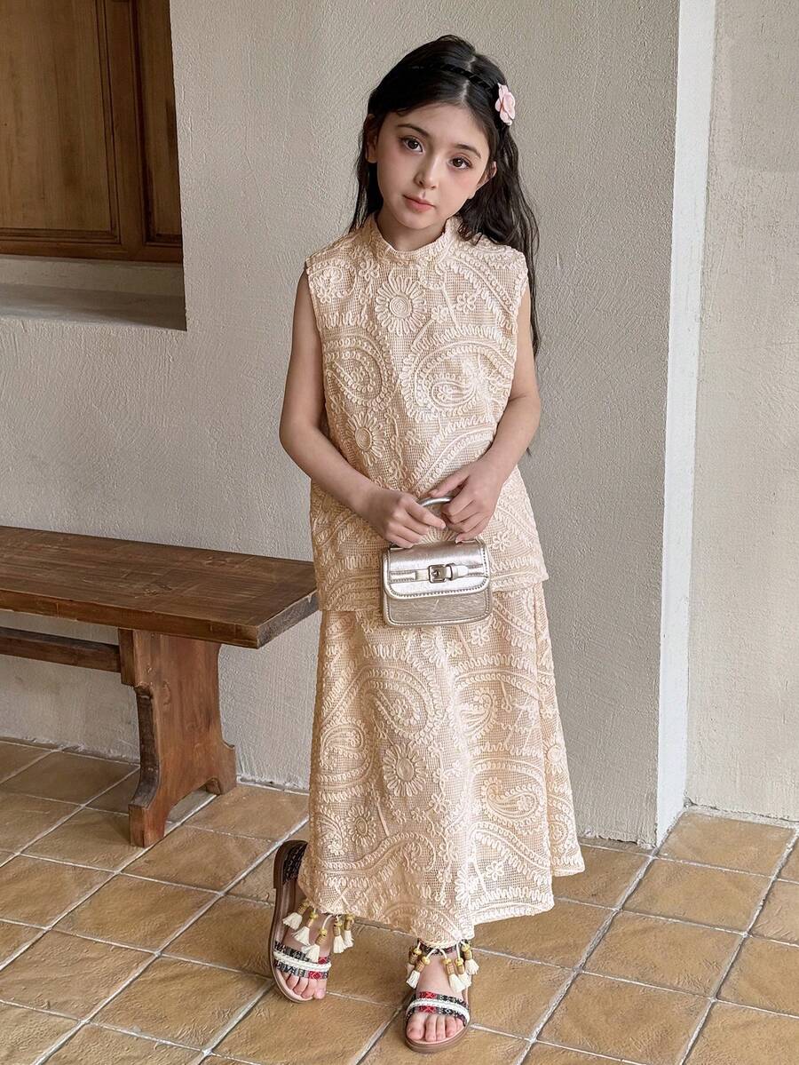 DAZY Tween Girls' Casual Vacation Paisley Textured Fabric Collared Sleeveless Top And Mini Skirt Set - Apricot - View 1