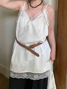 Dazy Plus Satin Contrast Lace V-Neck Long Casual White Camisole And Tank Top - White - View 1