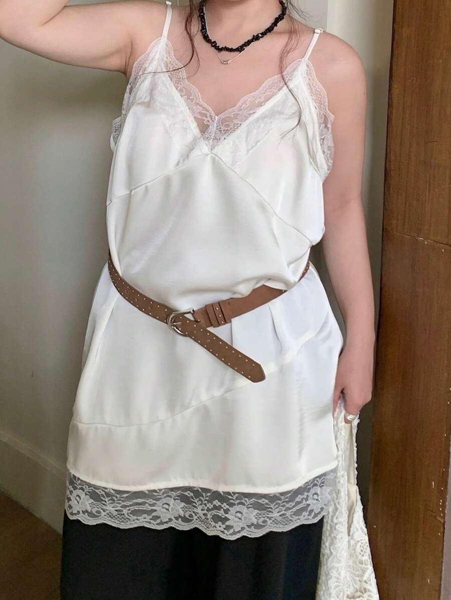 Dazy Plus Satin Contrast Lace V-Neck Long Casual White Camisole And Tank Top - White - View 1