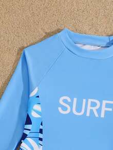 2pcs Boys Swimwear Set,Long Sleeve Surf Graphic Rashguard Top & Palm Leaf Print Swim Trunks,Kids Swim Suit For Summer,Beach,Holiday,Pool Party Outfit - Multicolor - View 5
