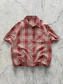 EVRINFINITE 男士宽松短袖格子衬衫（带纽扣） - 紅色 - 查看 1