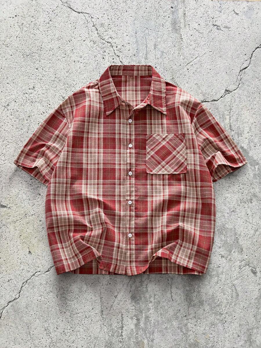 EVRINFINITE 男士宽松短袖格子衬衫（带纽扣） - 紅色 - 查看 1