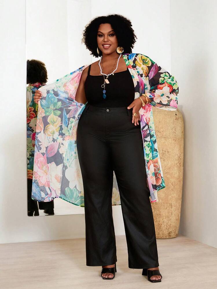 Plus Size Floral Print Casual Vacation Jacket Women S Holiday Outfits Outer Wear For Summer Women Outfits For Women Plus Summer Outfits For Women  Beach Outfit For Women  Casual  Vacation Outfits Women Country Concert Outfit Peplum