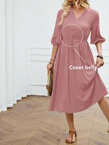Miaspire Vestido midi con cuello en V, mangas raglán y cintura fruncida para tallas grandes - Rosa vieja - Ver 4