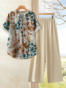 EMERY ROSE 大码印花圆领短袖上衣和纯色阔腿裤两件套 - 彩色 - 查看 9