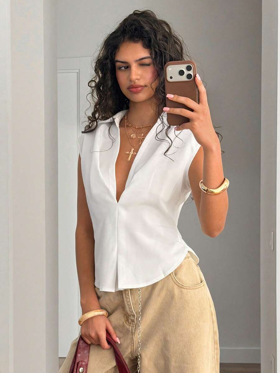 Muchica 女士夏季新款V领收腰无袖上衣 白色 - 白色 - 查看 1