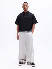 SUMWON 男士短袖拉链翻领衬衫，带胸袋，都市现代休闲纽扣款，夏季工作/办公必备 - 黑色 - 查看 2