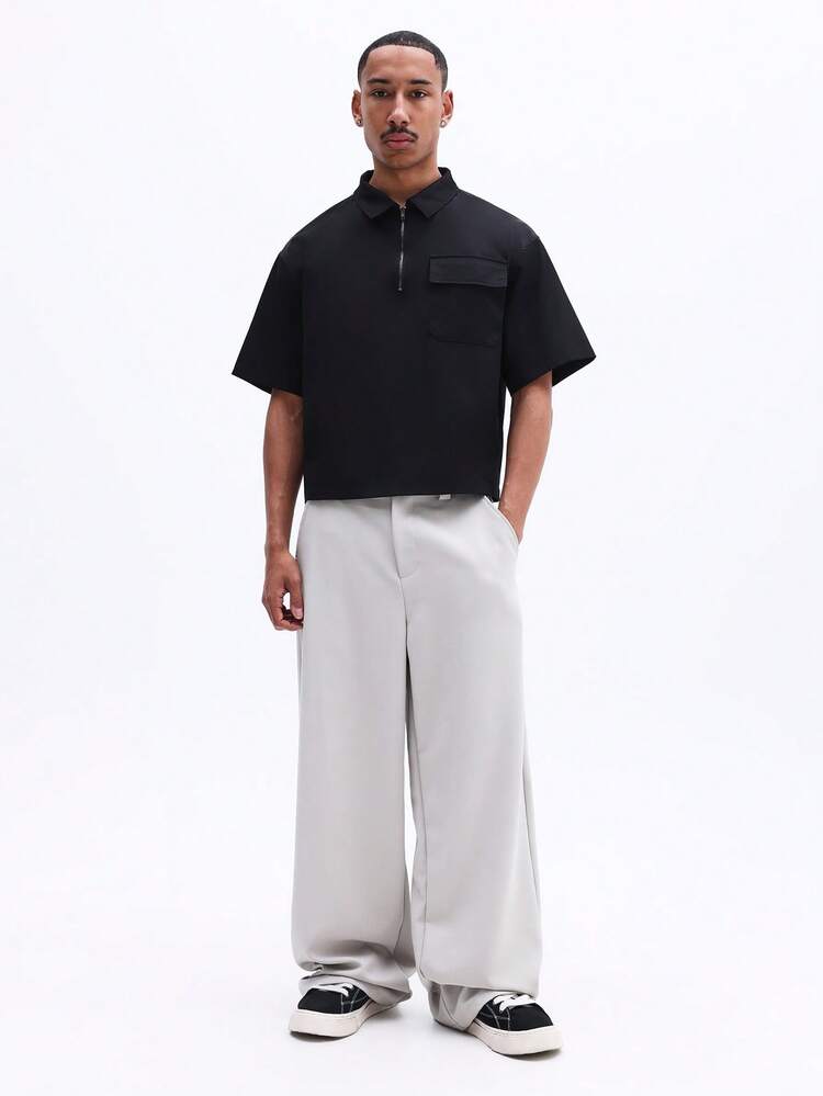 Short Sleeve Zip Collared Shirt With Pocket