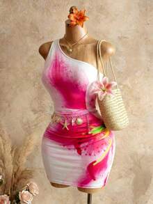 SHEIN BamGlam Women's Placement Print Vacation Mini Dress - White - View 5