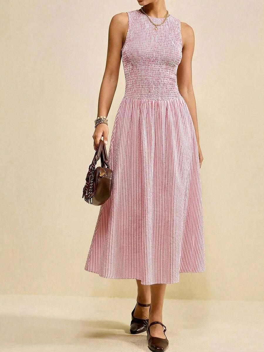 Muvela 春夏新款粉白条纹圆领无袖褶皱松紧腰喇叭下摆连衣裙，优雅嘉年华派对时尚都市通勤工作装 - 淺藍色 - 查看 1