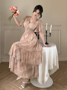 DAZY Women's Elegant Floral Shirred Ruffle Sleeve Midi Dress, Summer - Pink - View 8