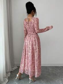 DAZY Women's Elegant Floral Print Square Collar Frill Petal Sleeve Mid-Length Dress, Spring/Summer - Pink - View 2