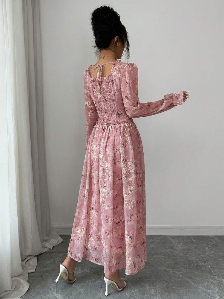 Women's Elegant Floral Print Square Collar Frill Petal Sleeve Mid-Length Dress, Spring/Summer