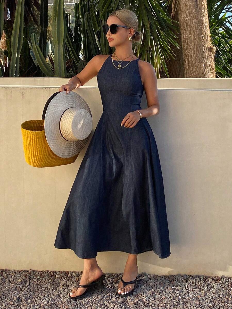 DAZY Women's Elegant Washed Denim Round Neck Sleeveless Dress, Summer - Medium Wash - View 1