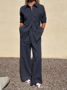 DAZY 女士休闲条纹口袋衬衫和阔腿裤两件套，春夏款 - 藏蓝色 - 查看 5