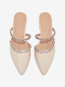 2025年秋季女式铆钉平底凉鞋，粗跟，封闭式一脚蹬穆勒鞋，新款时尚设计，可搭配连衣裙，尖头低跟水晶软皮鞋 - 米色 - 查看 2