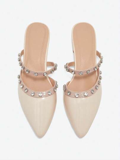 2025 Autumn Women's Flat Sandals With Rivets, Thick Heel, Closed Toe Slip-On Mules, New Fashion Design To Pair With Dresses, Pointed Toe Low Heel Crystal Soft Leather Shoes