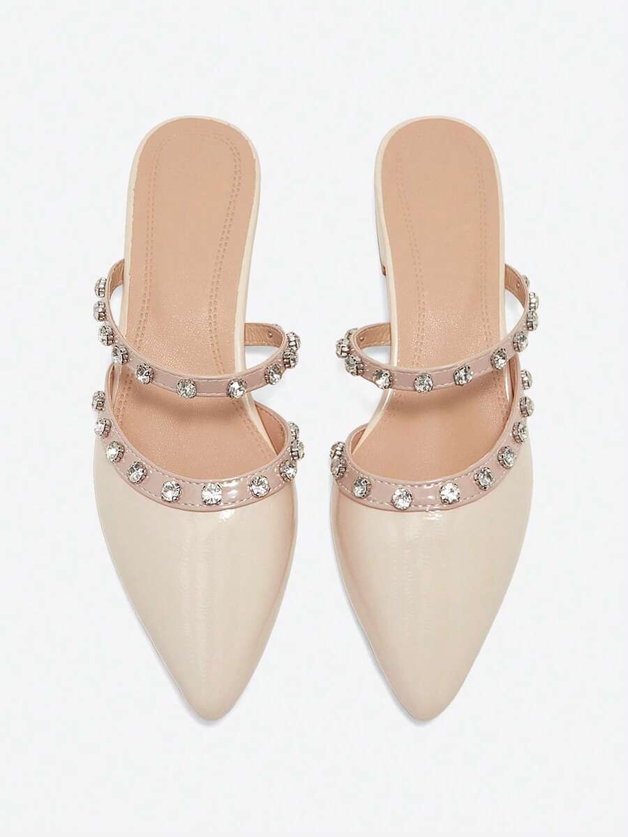 2025年秋季女式铆钉平底凉鞋，粗跟，封闭式一脚蹬穆勒鞋，新款时尚设计，可搭配连衣裙，尖头低跟水晶软皮鞋