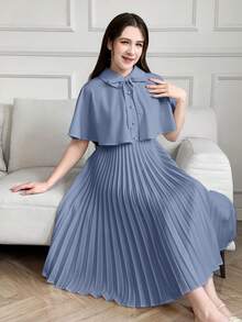 SHEIN Teen Girls Vintage Elegant Classic 2 Pieces Set Spring Summer Cape Shawl And Pleated Dress In Blue Vacation For Birthday - Blue - View 5