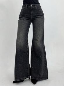 DAZY 女士宽松喇叭破洞水洗牛仔裤，饰有水钻，韩版风格 - 灰色 - 查看 1