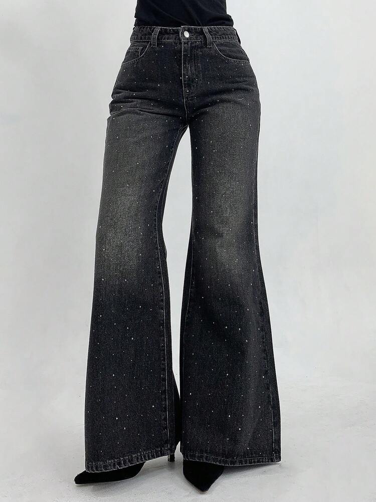 Women's Loose Flared Distressed Washed Denim Jeans With Rhinestones, Korean Style