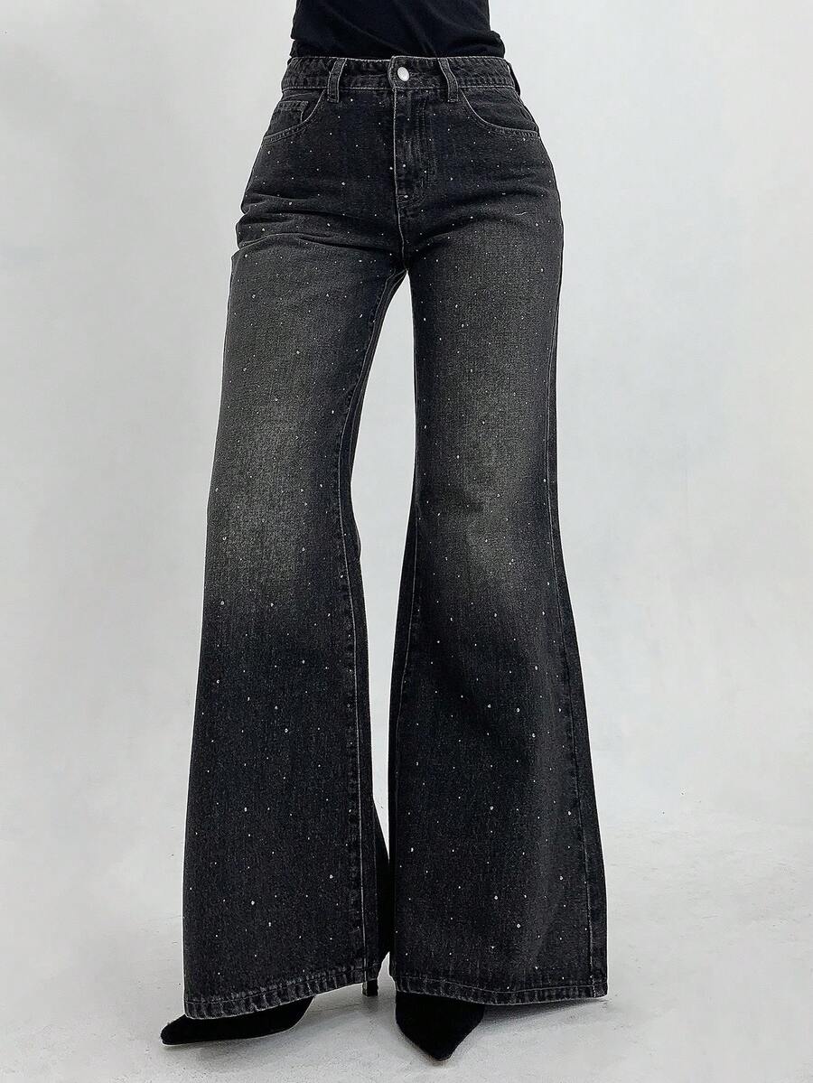 DAZY 女士宽松喇叭破洞水洗牛仔裤，饰有水钻，韩版风格 - 灰色 - 查看 1