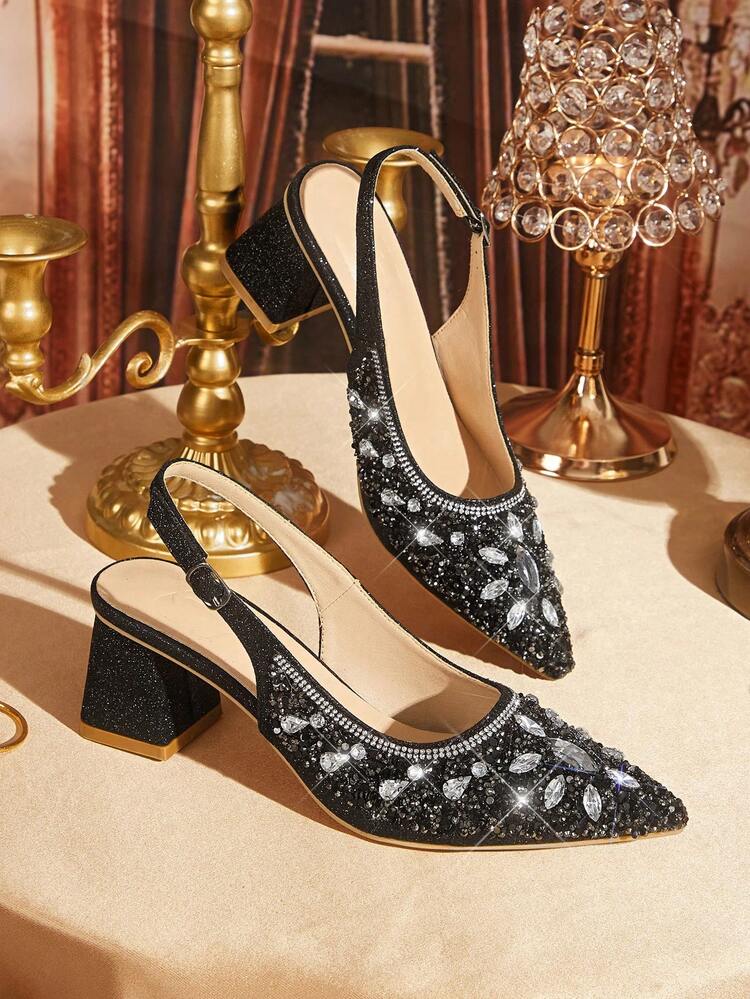 CUCCOO TILAWA Women's Shoes Are Wrapped In Cloth Square And Glass Rhinestone Decorative Pointed Women's High-Heeled Shoes, Suitable For Going Out, Banquets, Parties And Other Activities
