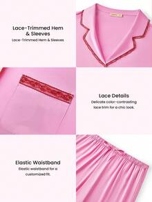 LUVLETTE Ensemble de pyjama et tenue d'intérieur grande taille pour femme, sexy, en satin soyeux luxueux avec bordure en dentelle, boutonné, long, rose aéré, lingerie pour la Saint-Valentin - Rose bonbon - Voir 4
