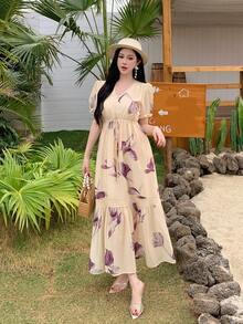 DAZY 女士V领印花短袖收腰宽松休闲度假连衣裙 - 杏色 - 查看 6